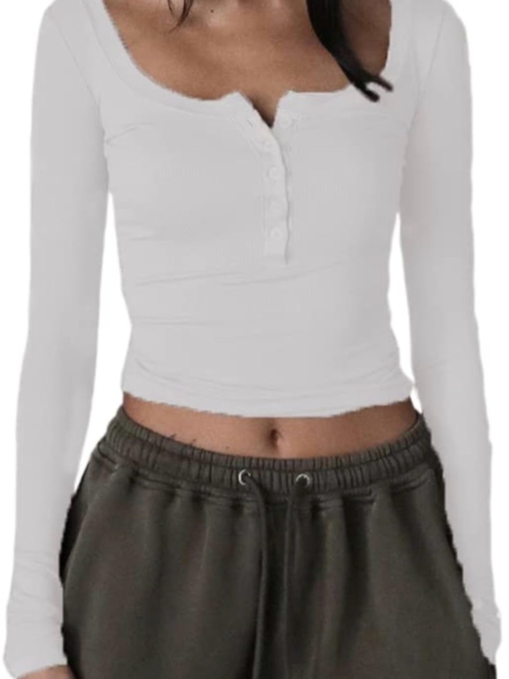Women's White Long Sleeve Henley Crop Top
